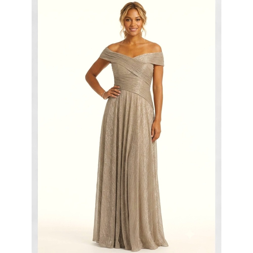 Oleg Cassini David's Bridal Metallic Gold Off Shoulder Prom Formal Gown Dress 4